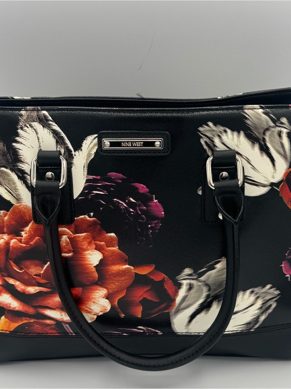 Nine West Black Floral Satchel with Purple and Red Blooms